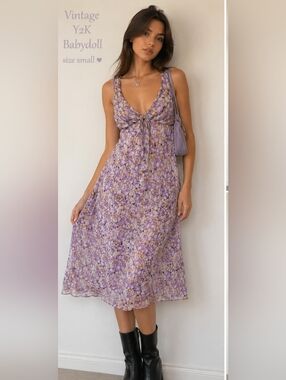 Rampage Y2k 90s Baby Doll Dress‎ Sleeveless Tie Bodice Juniors 5 Purple Floral